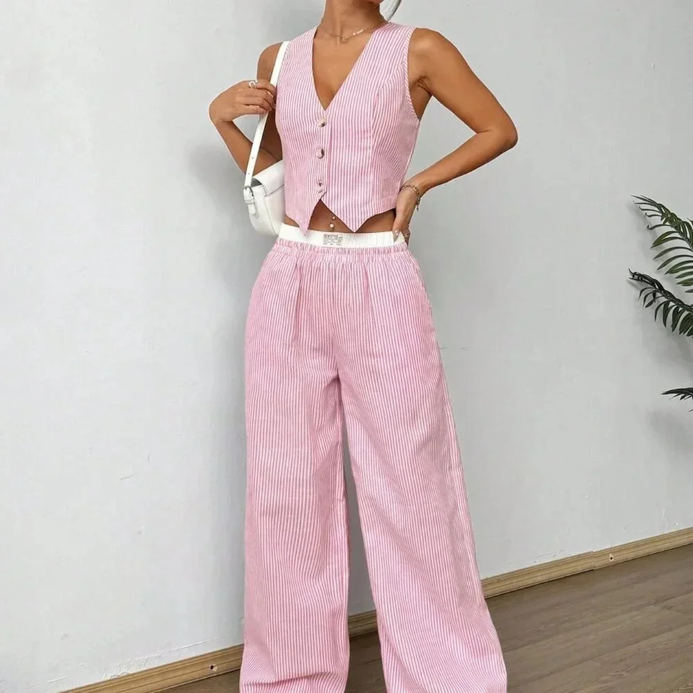 Multicolor Casual Women's Striped Sleeveless V-Neck Top And Pocket Pants Set